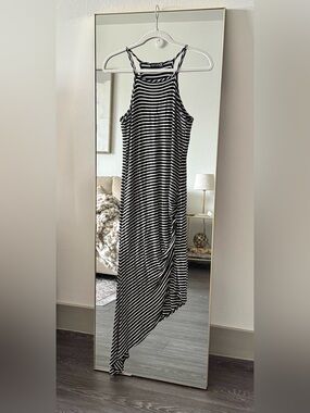 Popular 21  Striped Ruched Asymmetrical Midi Dress Halter Neck Black White